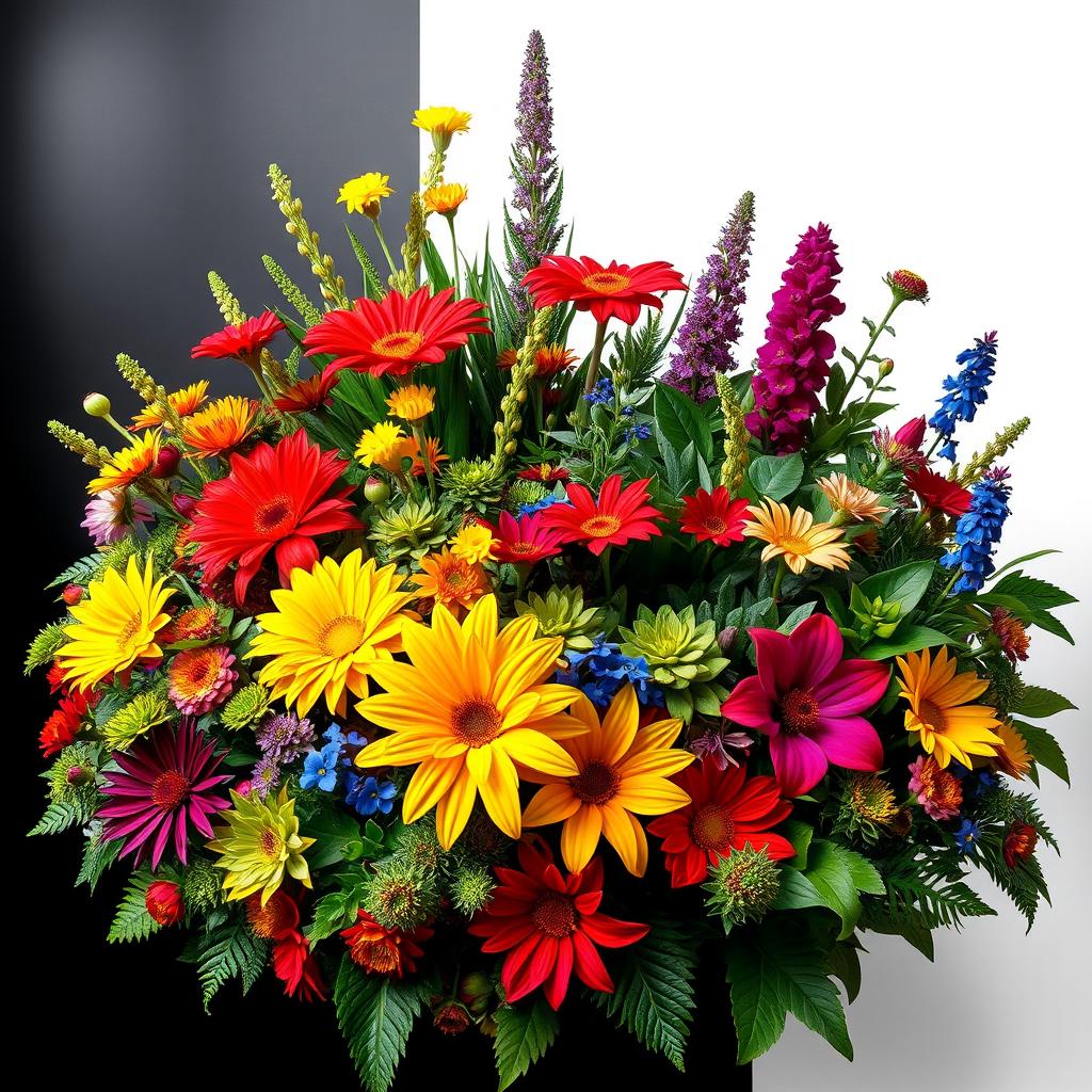 A vibrant and colorful arrangement of various plants and flowers, showcasing an array of species with rich hues including reds, yellows, blues, and greens