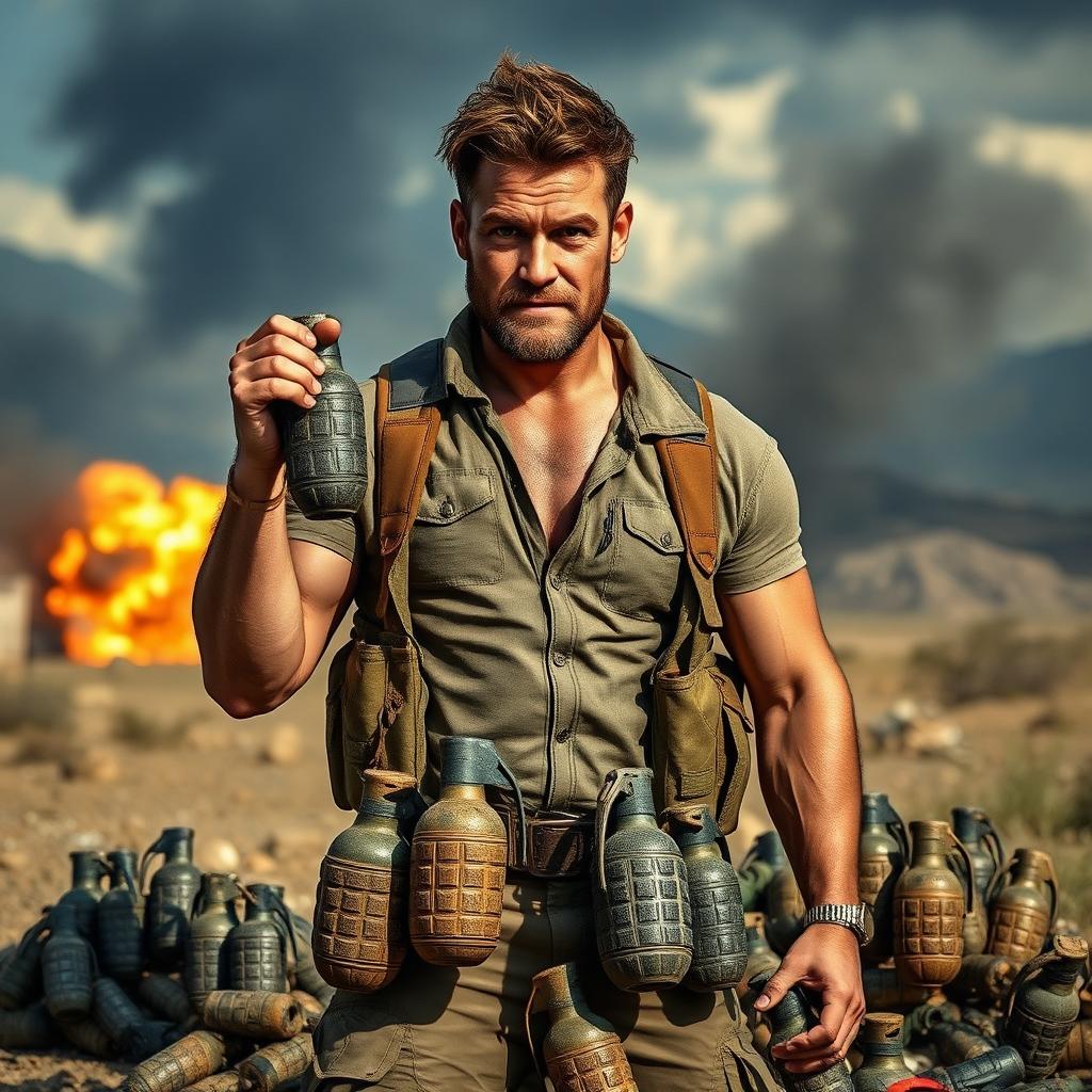 A rugged man standing confidently in an action-packed environment, surrounded by an impressive array of grenades and explosive devices