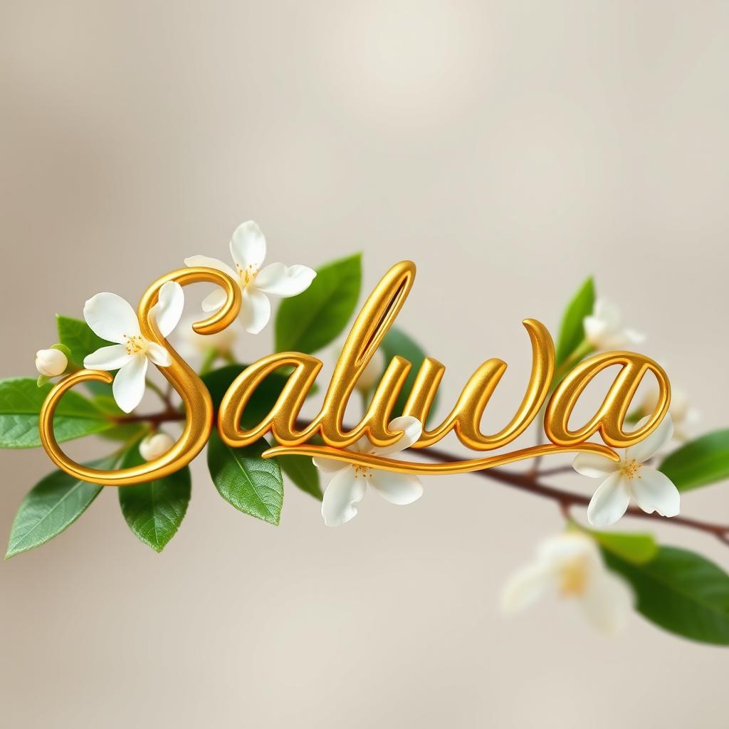 The name 'Salwa' beautifully crafted in golden lettering, intertwined with delicate jasmine flowers, showcasing the elegance and grace of the design