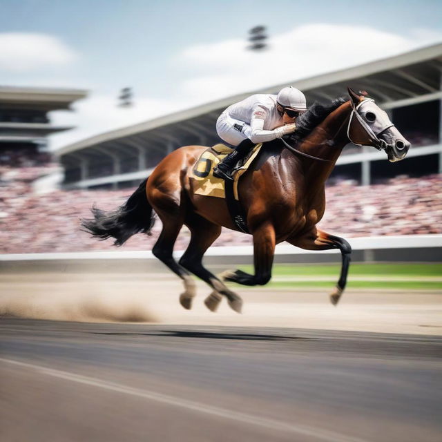 A strong, graceful horse speeding along the track of the Indianapolis 500, with cheering crowds and racing cars blurred in the background.