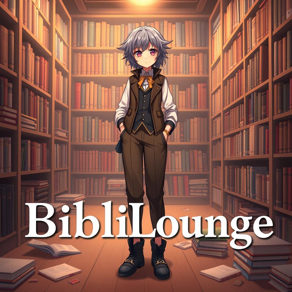 A character designed in the Genshin Impact animation style, standing in a cozy library surrounded by shelves filled with books