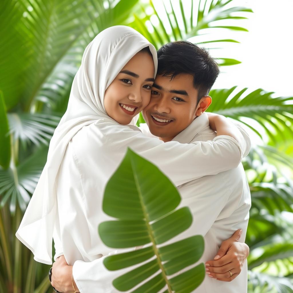 A portrait of a young couple in a tender embrace