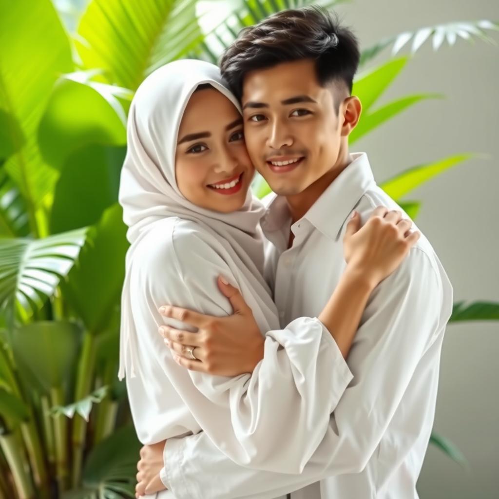 A portrait of a young couple in a tender embrace