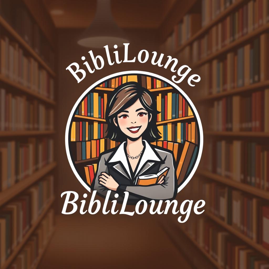A modern, stylish logo design featuring a person in a library setting, surrounded by bookshelves filled with colorful books