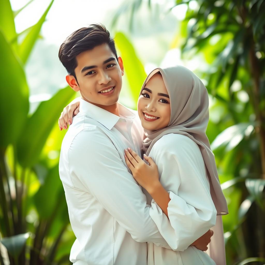 A portrait of a young couple in a tender embrace, captured in ultra-realistic detail