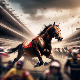 A powerful horse racing in the middle of Indianapolis 500 amidst speedy cars, capturing the electrifying atmosphere of the crowd.