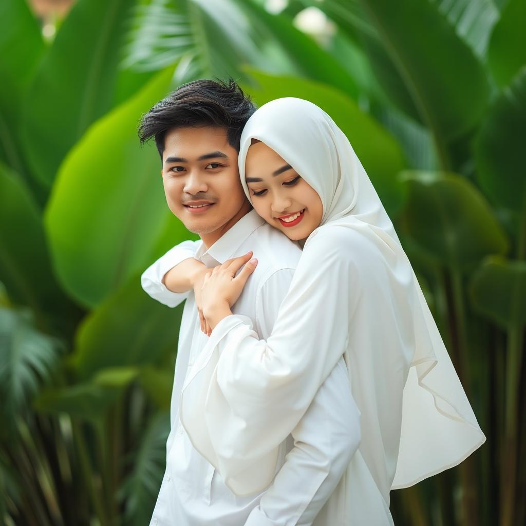 A portrait of a young couple in a sweet embrace