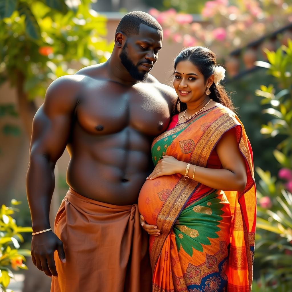 A powerful African man with a strong physique, wearing a simple yet striking traditional outfit, standing proudly next to a radiant Indian woman who is visibly pregnant