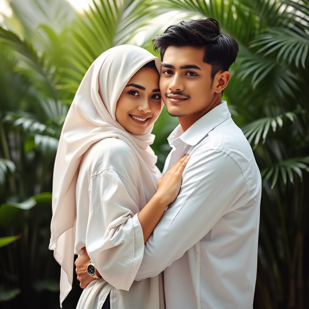 A portrait of a young couple in a warm embrace