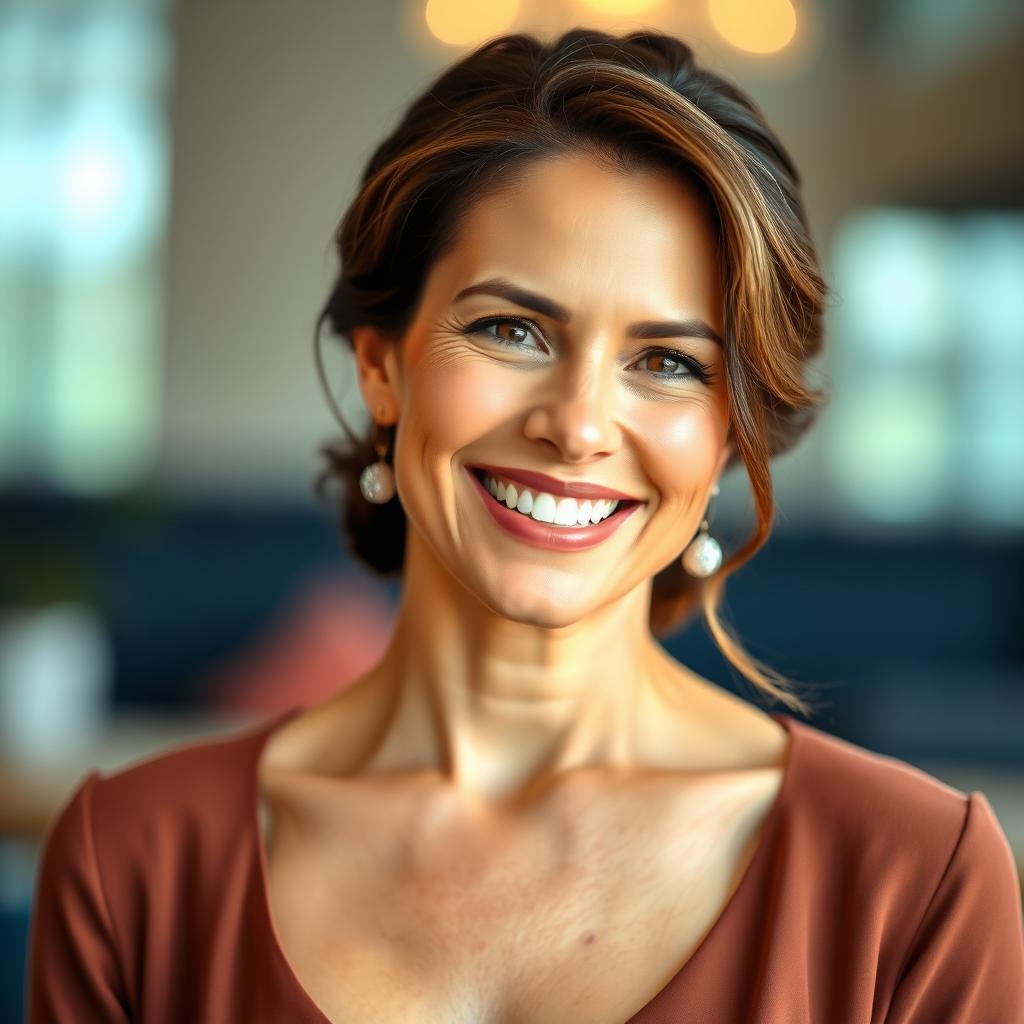 A beautiful 40-year-old woman with a radiant smile and graceful demeanor, showcasing her confidence and charm