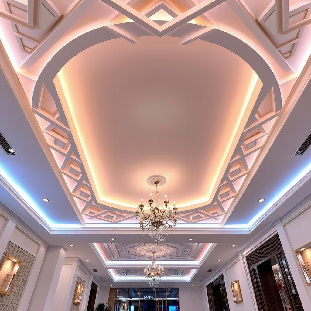 A beautifully designed false ceiling for a reception area measuring 10 by 5 meters, featuring a modern aesthetic with intricate geometric patterns and soft ambient lighting