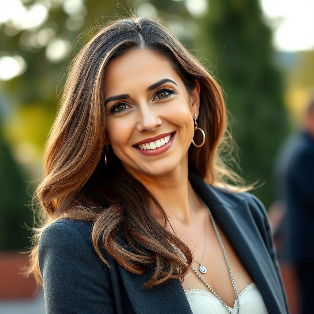 A beautiful 40-year-old woman exuding elegance and confidence, with a captivating smile and stylish attire