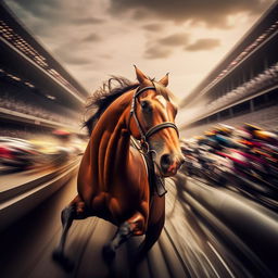 A powerful horse racing in the middle of Indianapolis 500 amidst speedy cars, capturing the electrifying atmosphere of the crowd.