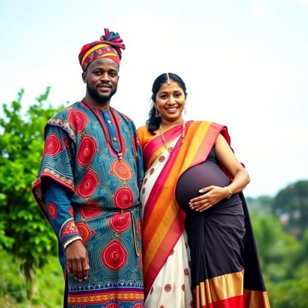 A proud African man, dressed in colorful traditional attire, stands confidently next to an elegantly dressed Indian woman who is beautifully pregnant