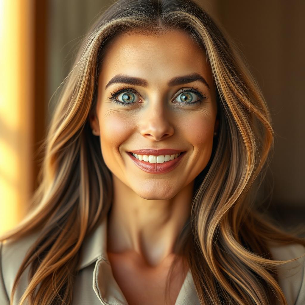 A stunning 40-year-old woman with a surprised expression on her face