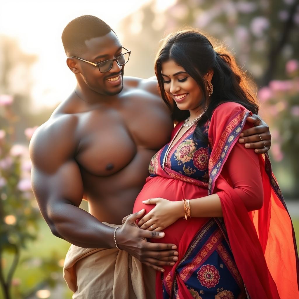 A strong, muscular African man gently embracing a pregnant Indian woman, showcasing a warm and loving interaction