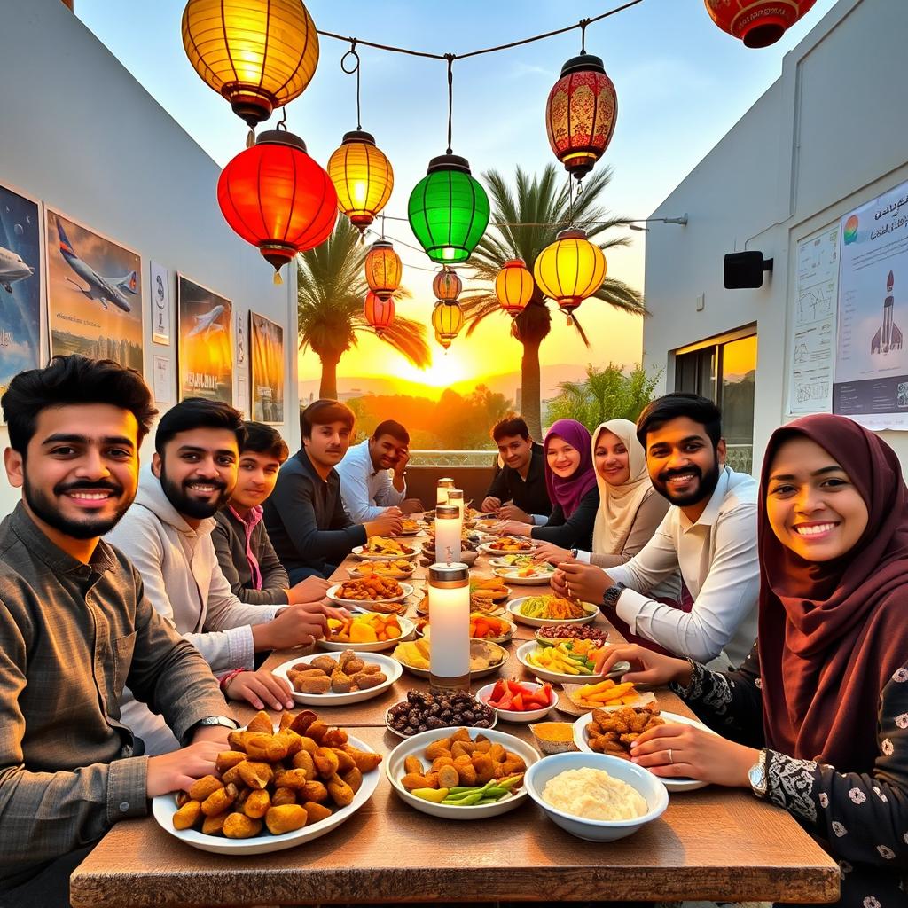 A lively scene set in an aerospace engineering college during iftar (the evening meal to break the fast during Ramadan)
