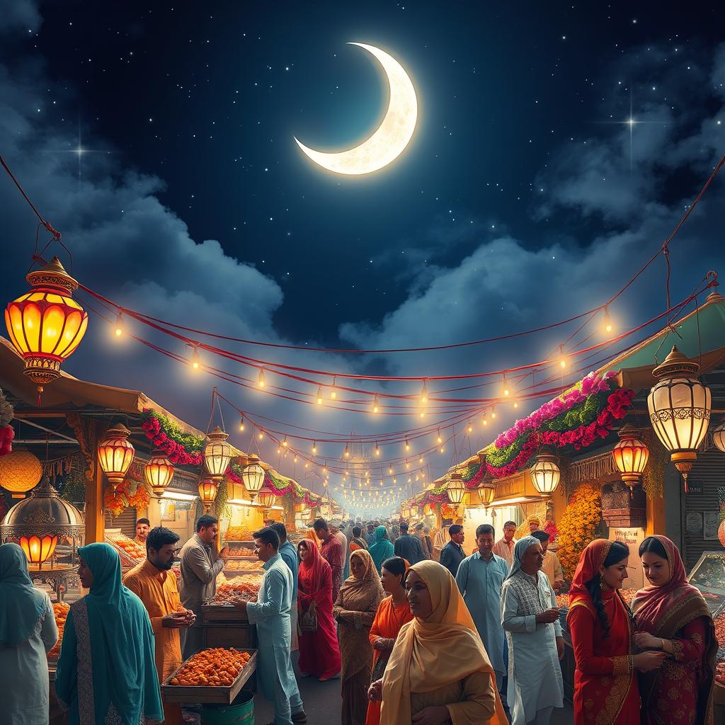 An enchanting night scene during Ramadan, showcasing a stunning crescent moon shining brightly in the sky, surrounded by twinkling stars