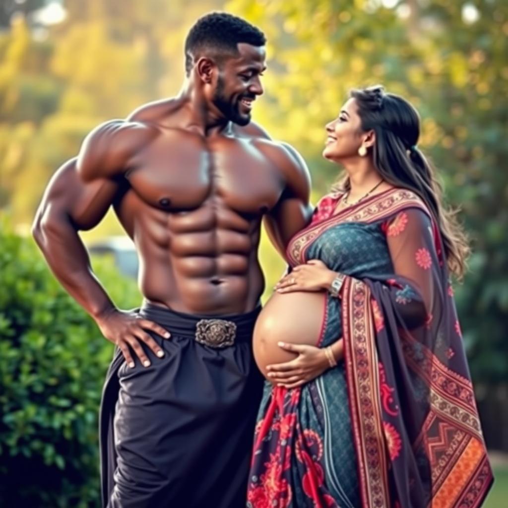 A muscular African man standing proudly beside a pregnant Indian woman