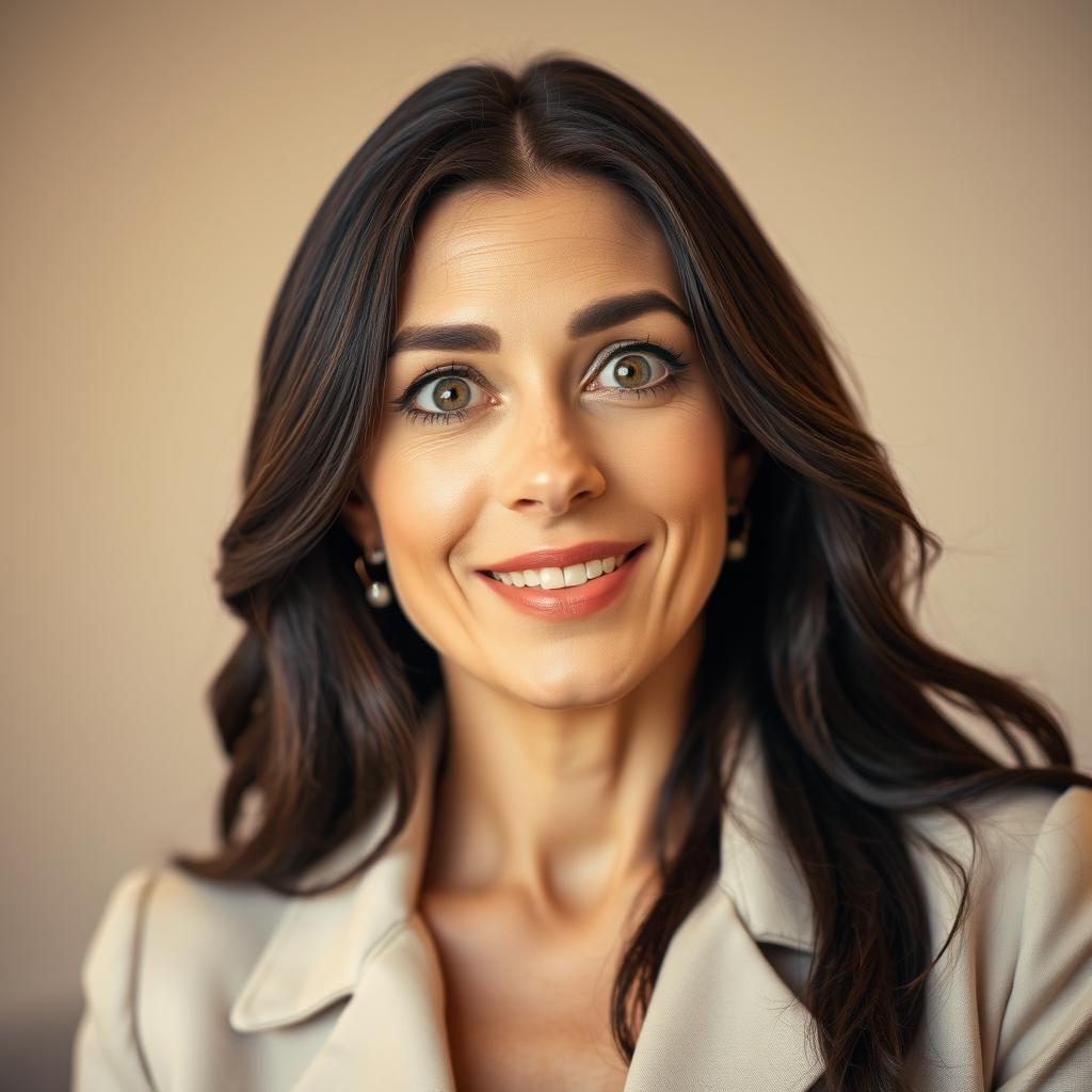 A stunning 40-year-old woman with an expression of surprise on her face