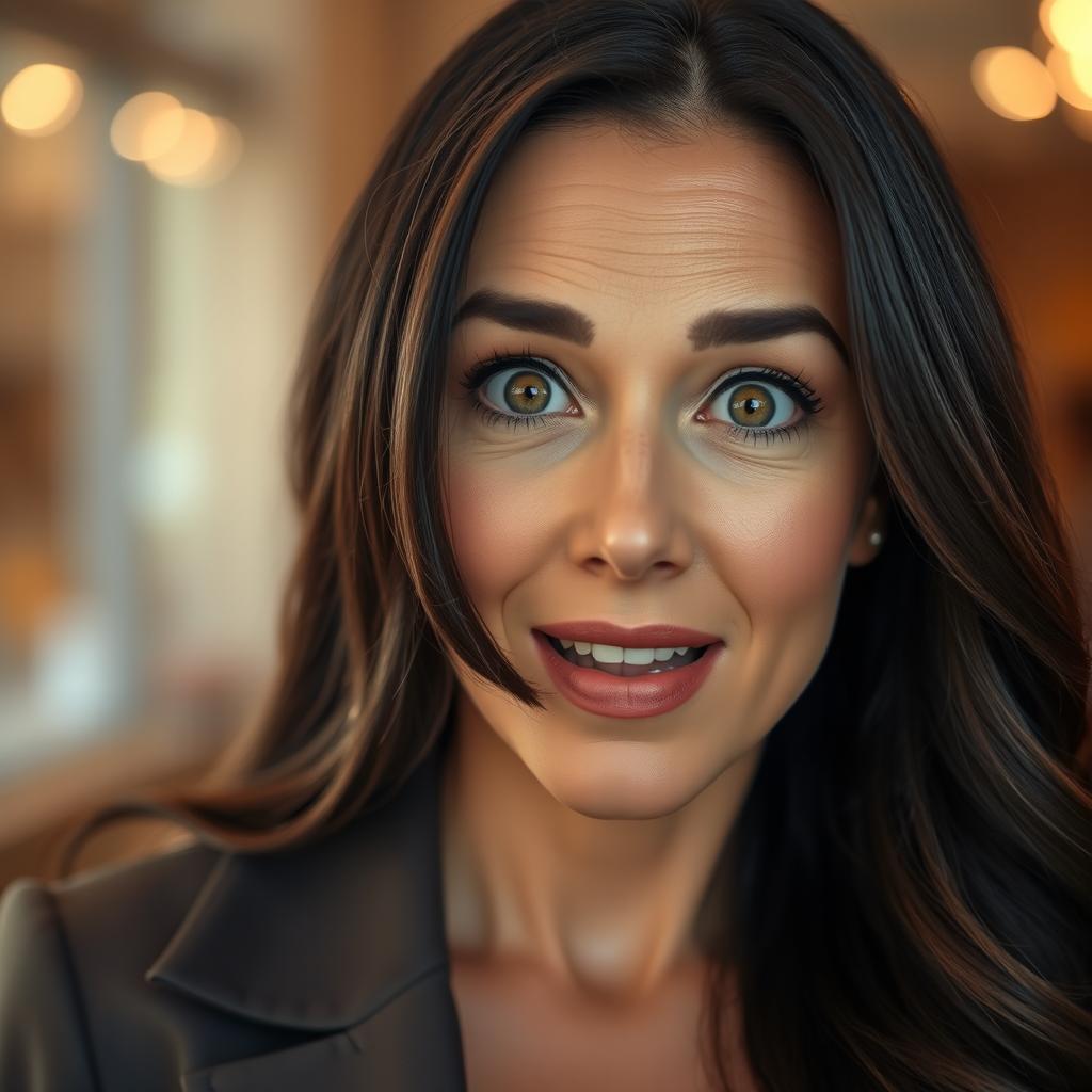 A stunning 40-year-old woman with a surprised expression on her face