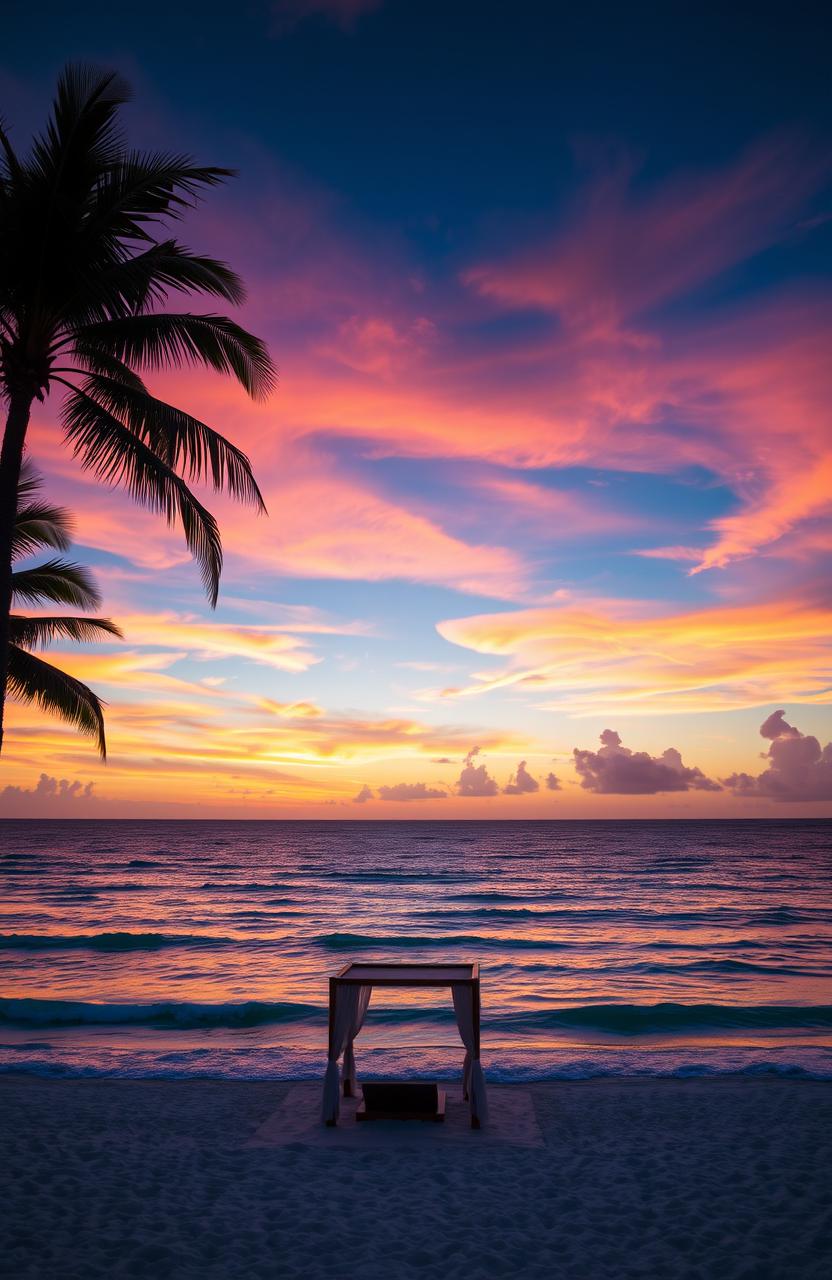 A stunning sunset view over the clear blue waters of Aruba, showcasing a vibrant palette of oranges, pinks, and purples in the sky