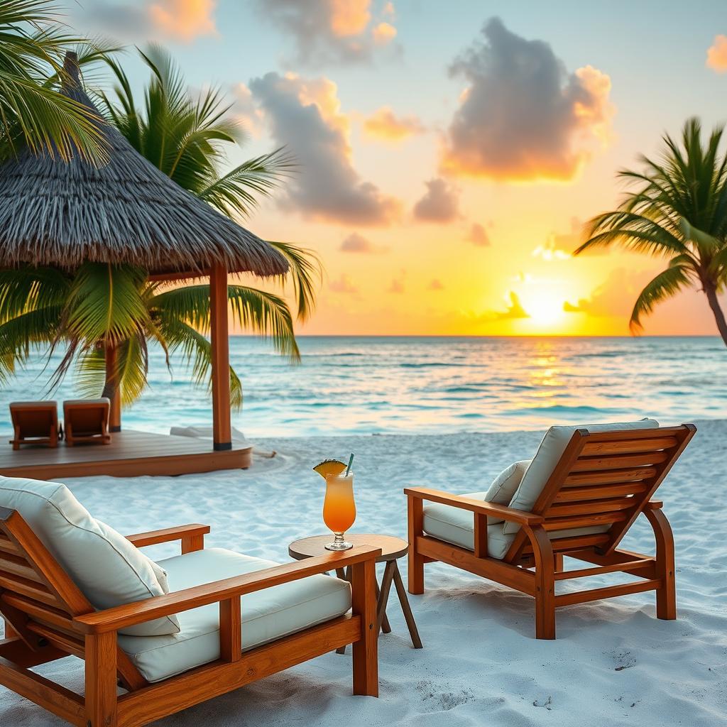 A serene and luxurious beach setting in Aruba, featuring a pristine white sand beach with crystal-clear turquoise waters