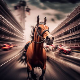 A powerful horse racing in the middle of Indianapolis 500 amidst speedy cars, capturing the electrifying atmosphere of the crowd.