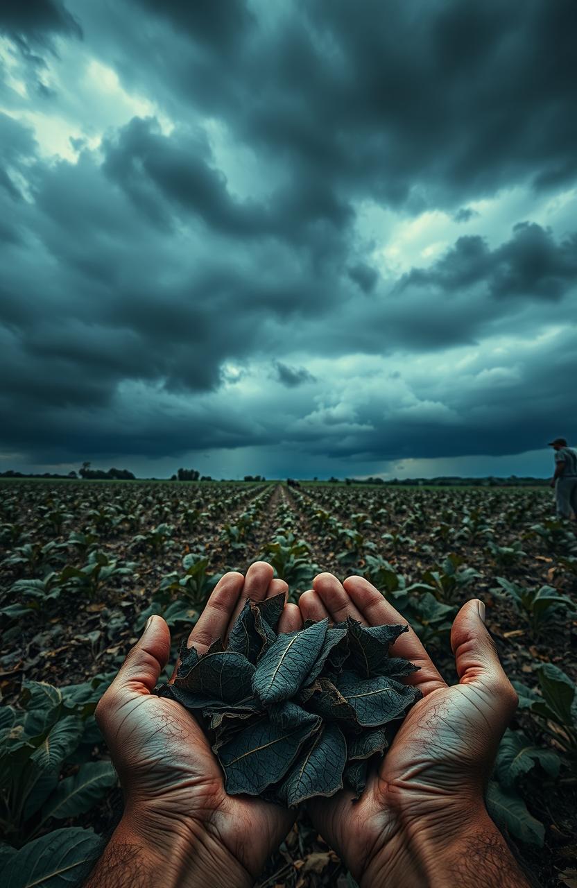 A dramatic and thought-provoking scene depicting the dark side of tobacco agriculture
