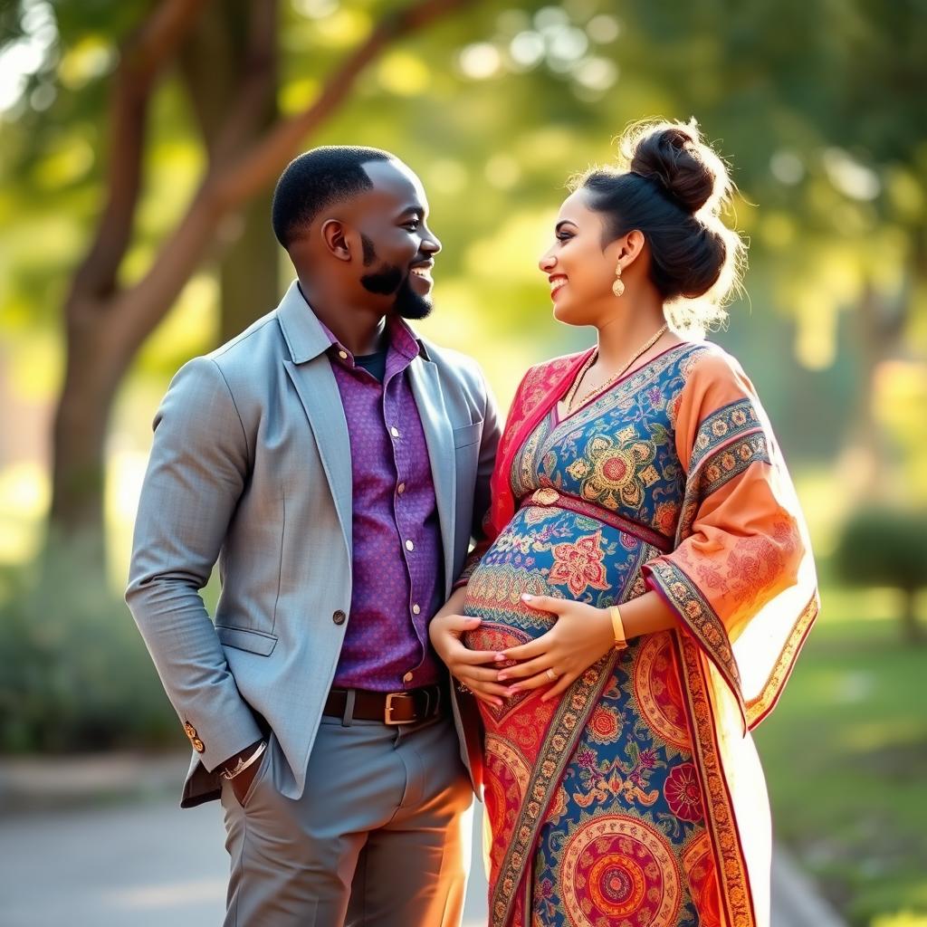 An African man standing alongside a pregnant Indian woman, both radiating happiness and warmth