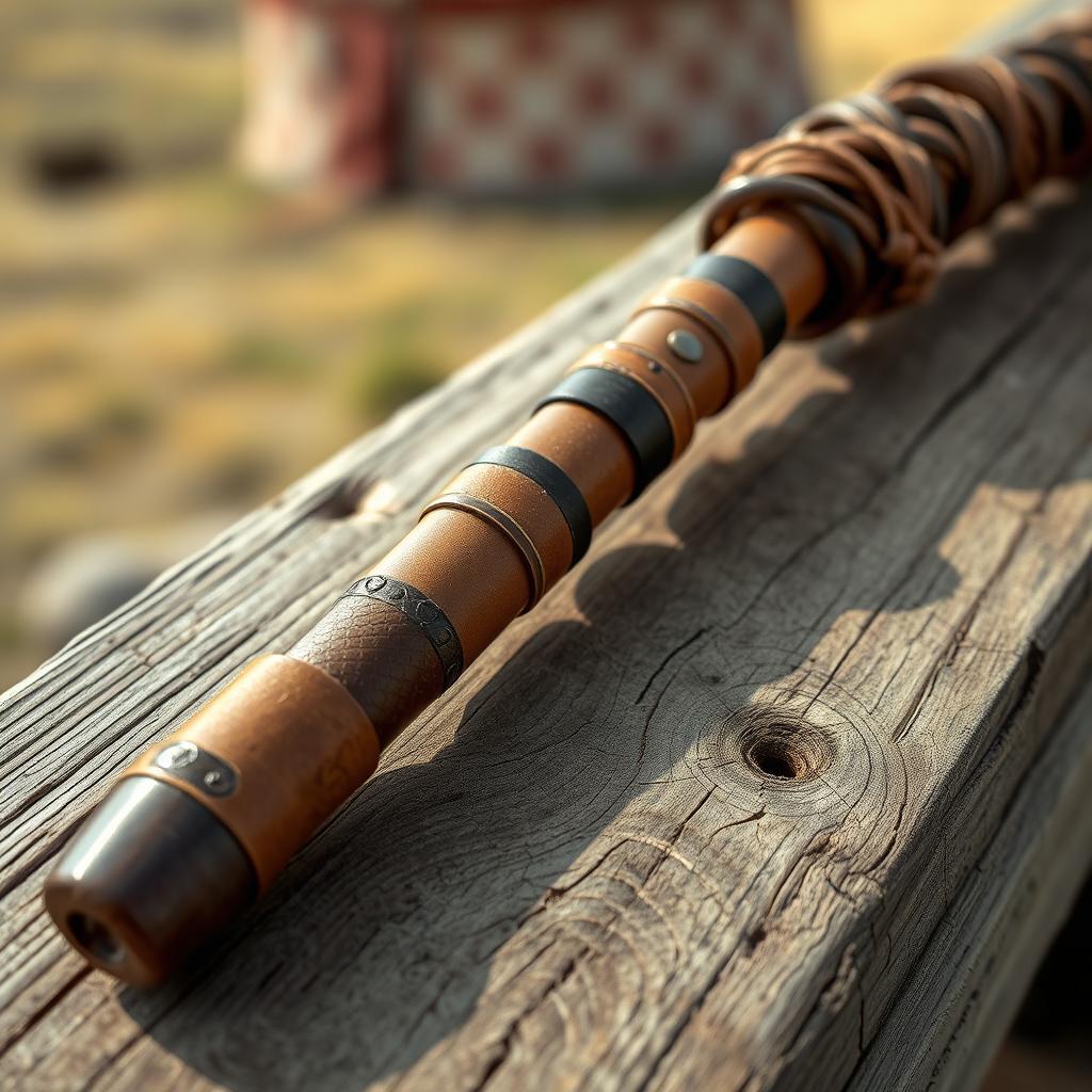 A beautifully detailed close-up of a traditional Mongolian short whip, showcasing its intricate leather work, robust handle, and delicate braiding