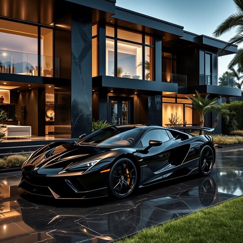 A luxurious black-themed home with a modern architecture, featuring sleek lines and elegant design