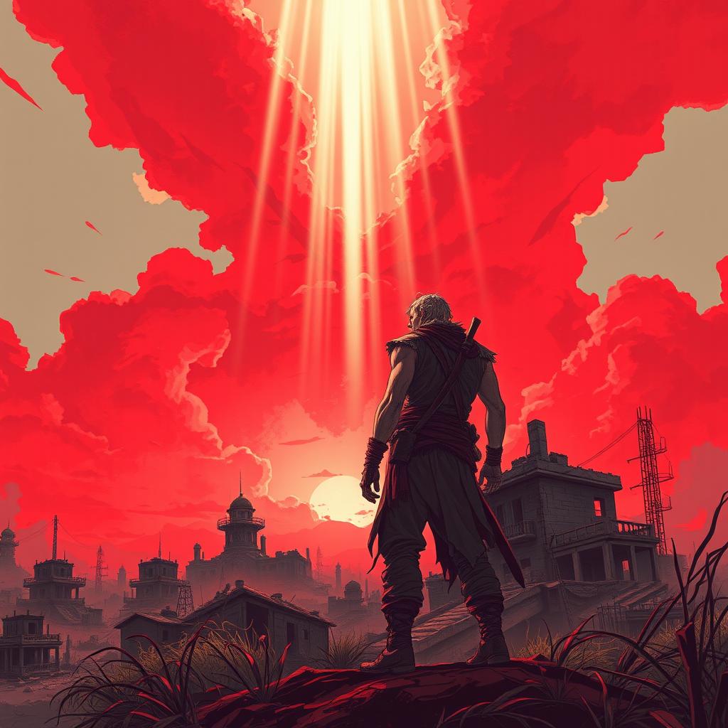 A dramatic and powerful illustration representing a post-apocalyptic world where global dominance has collapsed
