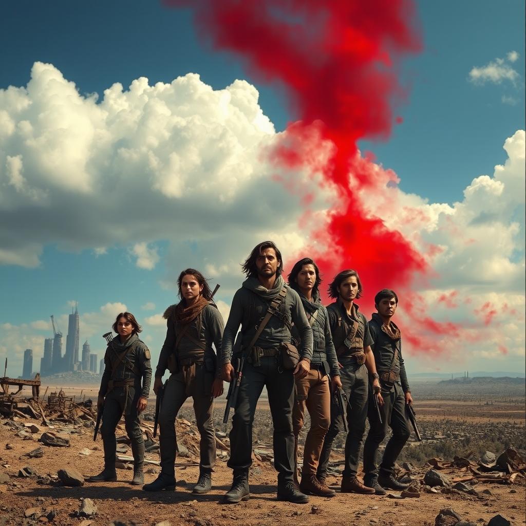 A dystopian world where the once clear and blue sky is now stained a bloody red, symbolizing the fall of global domination