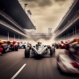 A powerful horse racing in the middle of Indianapolis 500 amidst speedy cars, capturing the electrifying atmosphere of the crowd.