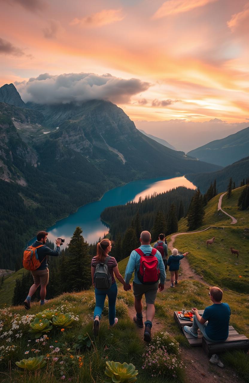 A breathtaking travel scene featuring a picturesque landscape with towering mountains, lush greenery, and a serene lake reflecting the sky at sunset