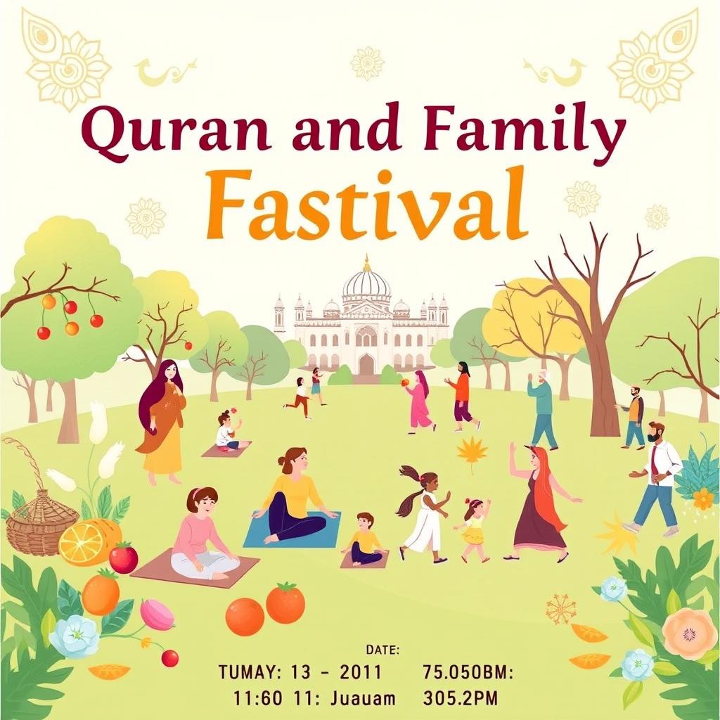 A vibrant and inviting poster design for the Quran and Family Festival, featuring illustrations of families enjoying various activities together in a park setting