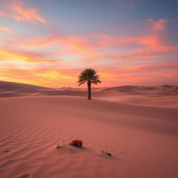 A stunning landscape view of a serene desert at sunset, featuring a vast expanse of gently rolling sand dunes that reflect warm shades of orange, pink, and purple in the sky