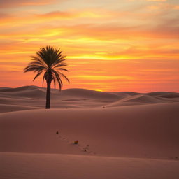 A stunning landscape view of a serene desert at sunset, featuring a vast expanse of gently rolling sand dunes that reflect warm shades of orange, pink, and purple in the sky