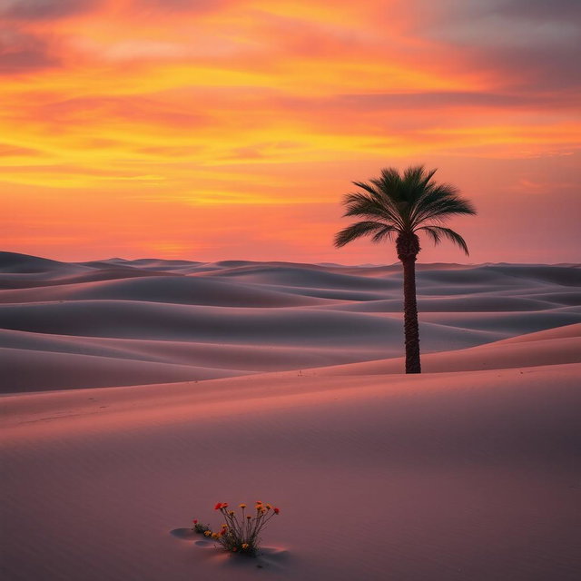 A stunning landscape view of a serene desert at sunset, featuring a vast expanse of gently rolling sand dunes that reflect warm shades of orange, pink, and purple in the sky
