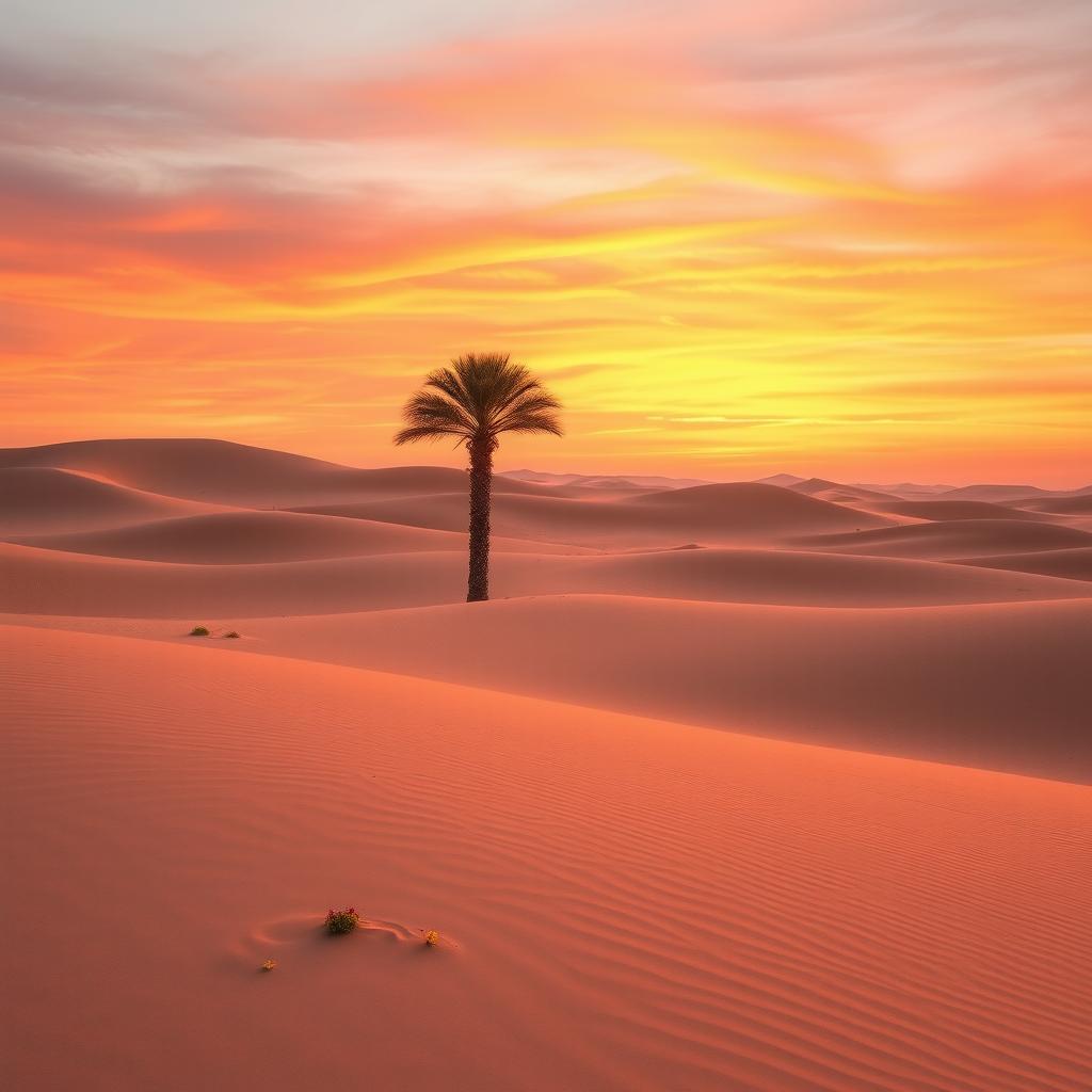 A stunning landscape view of a serene desert at sunset, featuring a vast expanse of gently rolling sand dunes that reflect warm shades of orange, pink, and purple in the sky