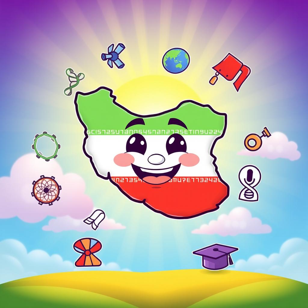 A smiling cartoon map of Iran, characterized by bright colors and cheerful features, surrounded by various icons symbolizing its scientific and technological achievements