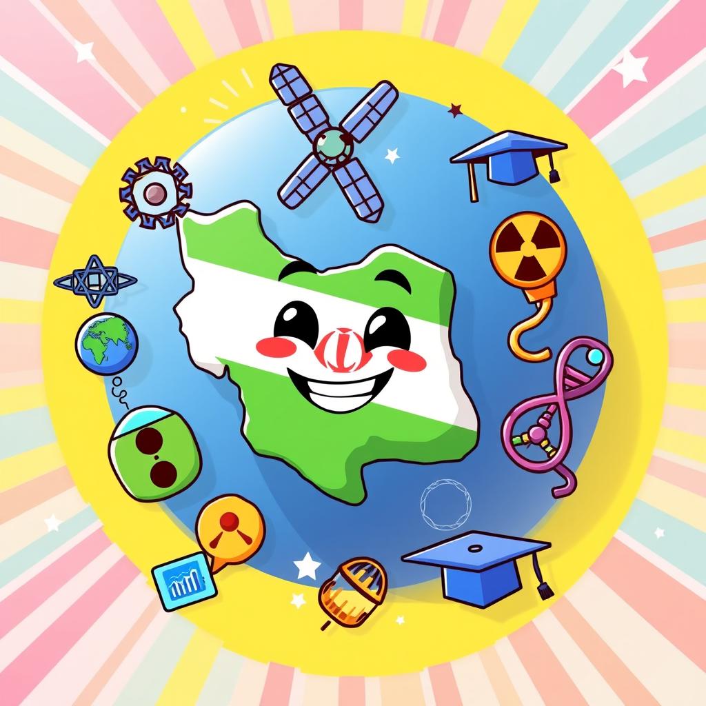 A smiling cartoon map of Iran, surrounded by various icons symbolizing its scientific and technological achievements
