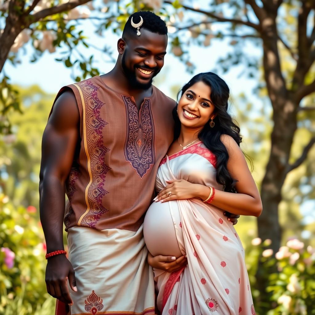 A loving scene depicting an African man and a pregnant Indian woman, standing together with a warm smile, surrounded by nature
