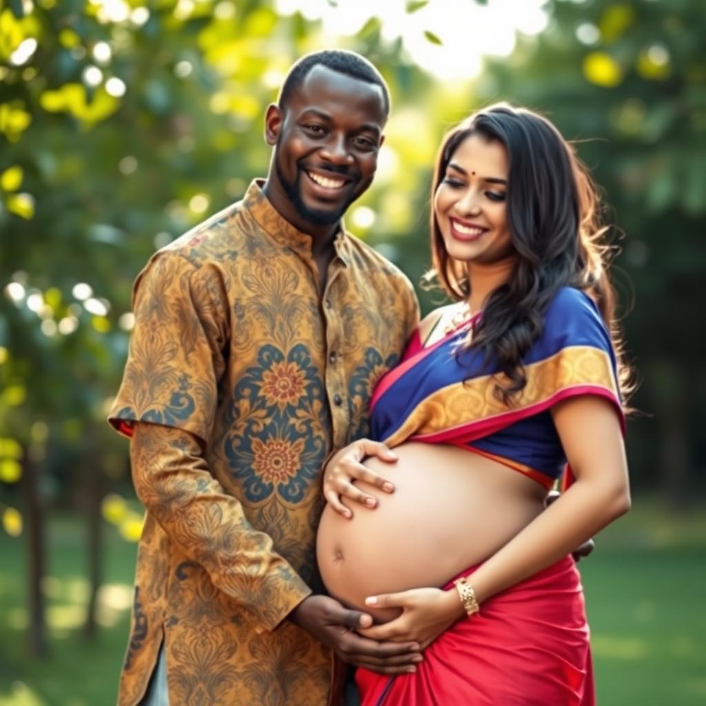 A beautiful scene featuring an African man and a pregnant Indian woman in a serene outdoor setting