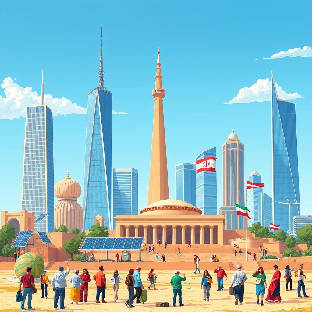 A vibrant and dynamic illustration representing Iran's cultural and technological progress