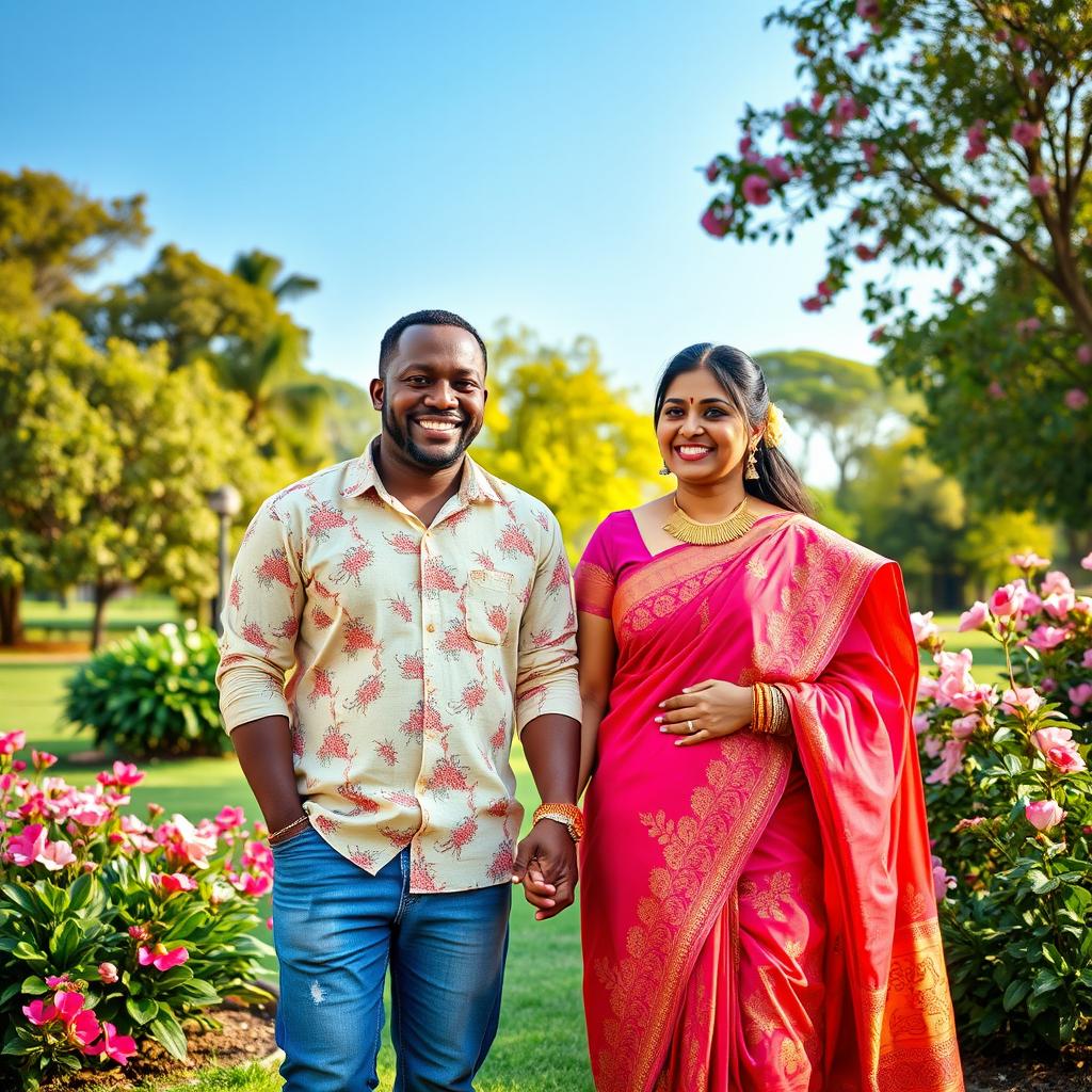 A heartwarming image of an African man and his Indian wife, standing together in a picturesque park