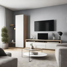 A modern living room with a large, sleek TV mounted on a 260 cm long wall, next to a stylishly designed 180 cm tall closet to the right.