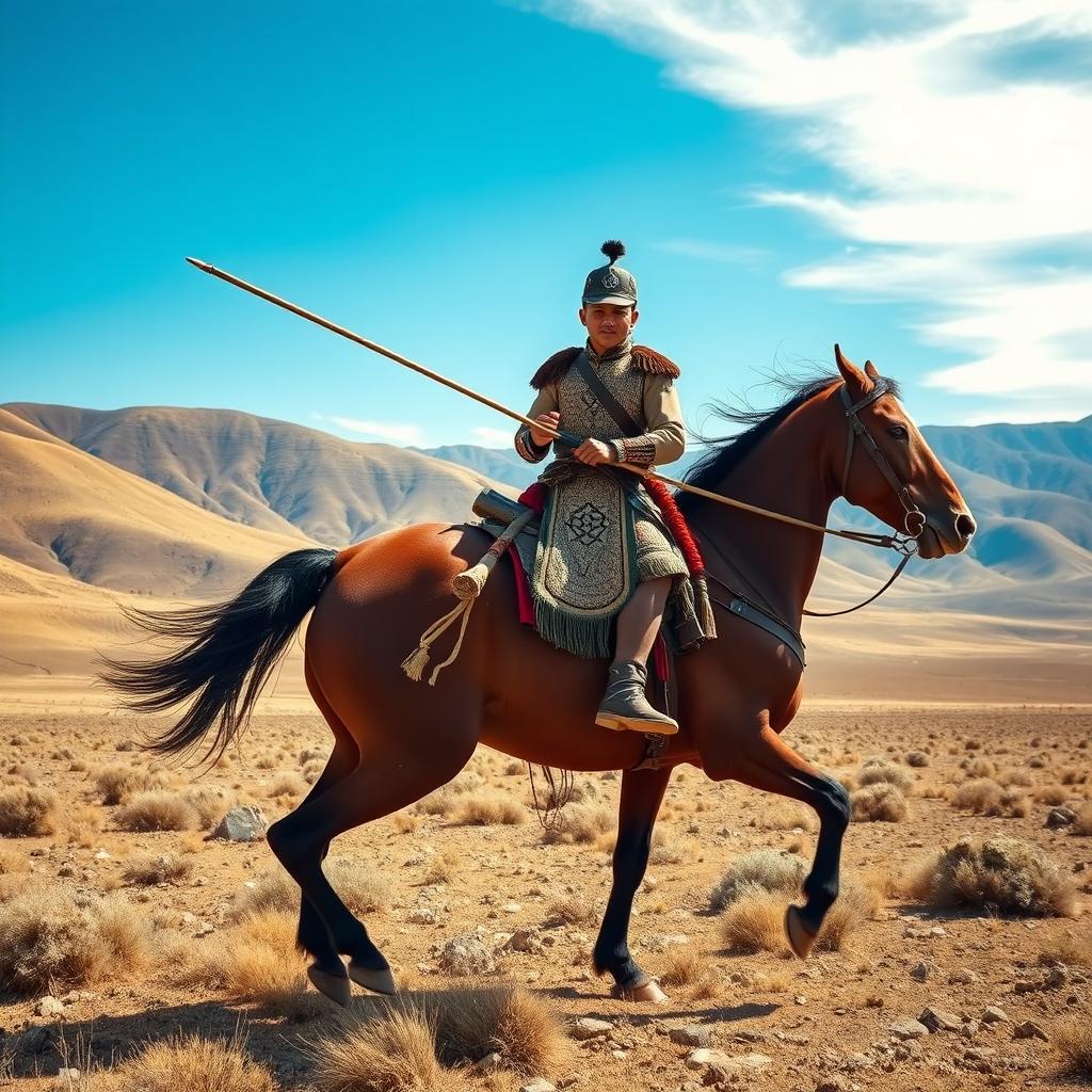A Mongolian army soldier skillfully riding a strong, majestic horse through a vast, rugged landscape