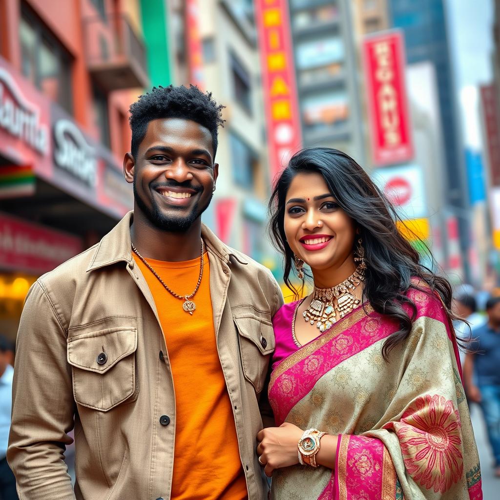 An engaging image of a tall, strong African man alongside his Indian wife in a lively urban environment